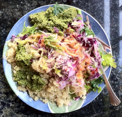 Last nights vegan dinner of quinoa, cold slaw, a salad made of yummy greens and Robert's homemade dressing.